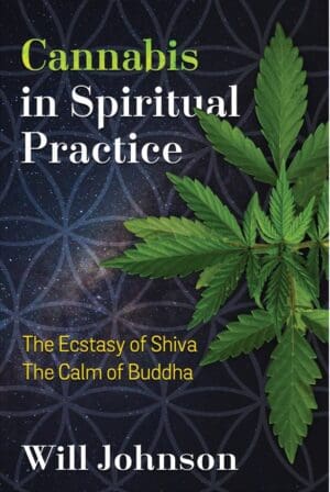 A green cannabis leaf on a patterned background with text about spiritual practice.
