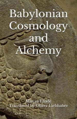 Ancient stone carving of a bearded figure with 'Cosmology and Alchemy' text overlay.