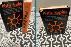 Book titled 'Pistis Sophia' with a black and orange cover on a patterned surface.