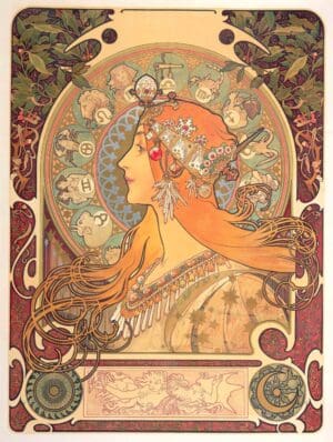 Art Nouveau woman with zodiac halo
