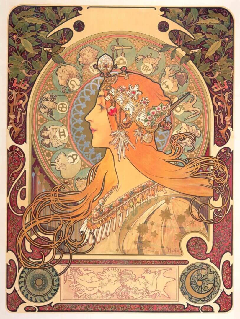 Art Nouveau woman with zodiac halo